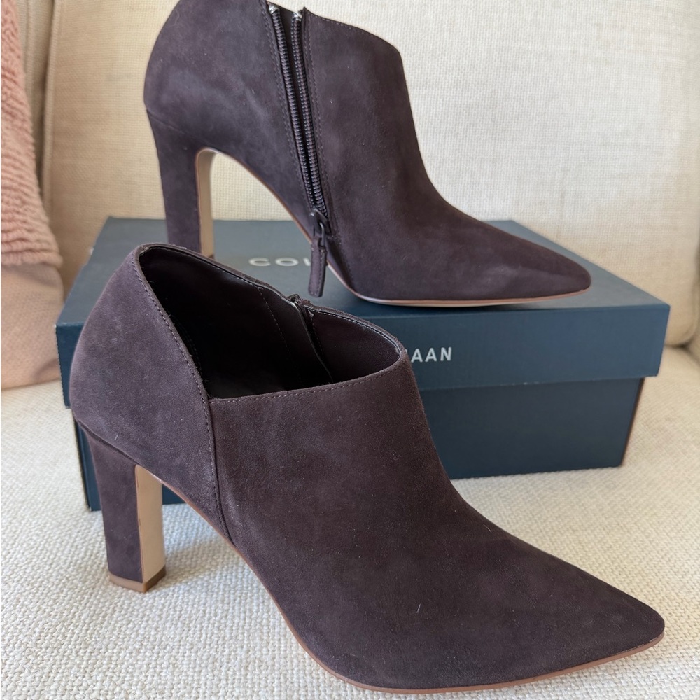 NWB  -Cole Haan Vestry Pointed Toe Booties – Dark Chocolate Suede, Size 9 - Picture 5 of 13